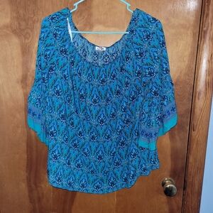Avenue Teal and Black Patterned Blouse